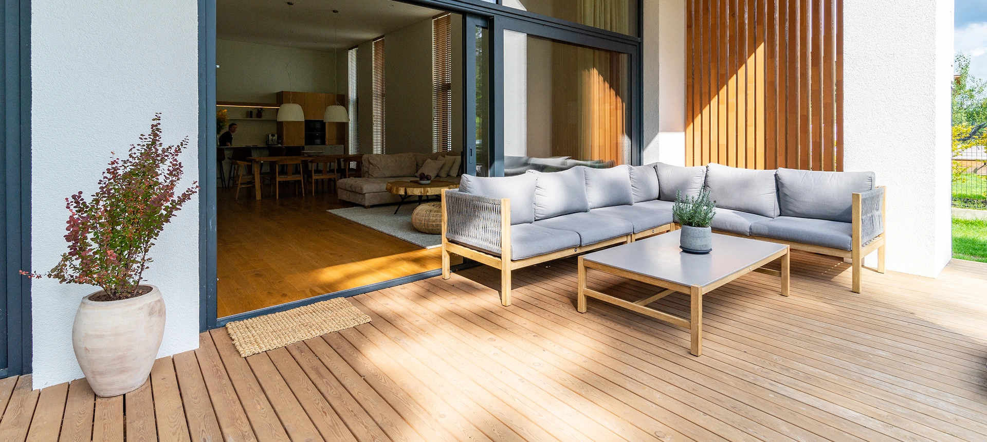 Modern patio with gray outdoor furniture