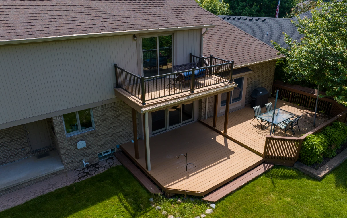 Elevated patio with chairs and table