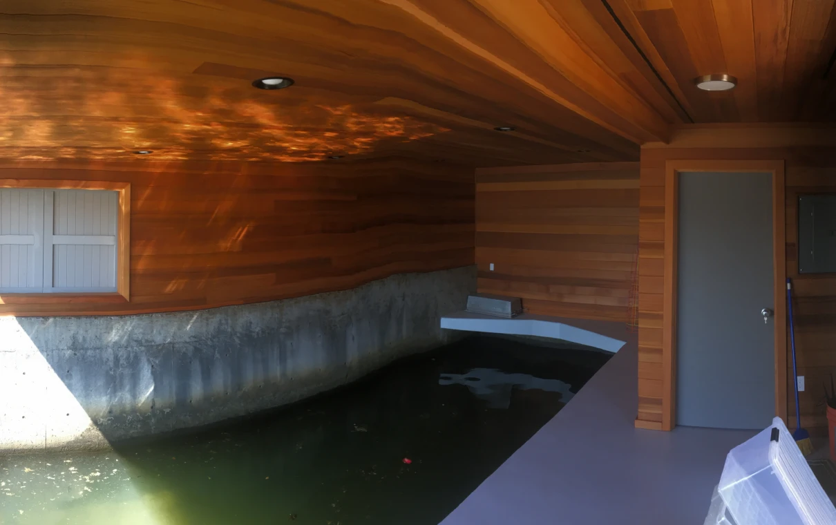 Indoor marina with wooden walls